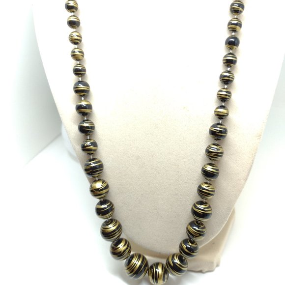 Black and Antique Gold Pearl Like Bead Necklace Knotted and Graduated - Picture 1 of 5